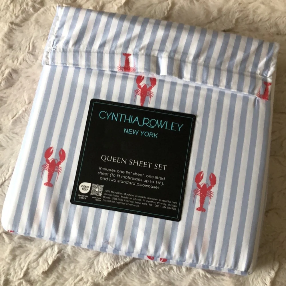 Cynthia Rowley Blue Stripe Sheet Set with Red Lobster Motif